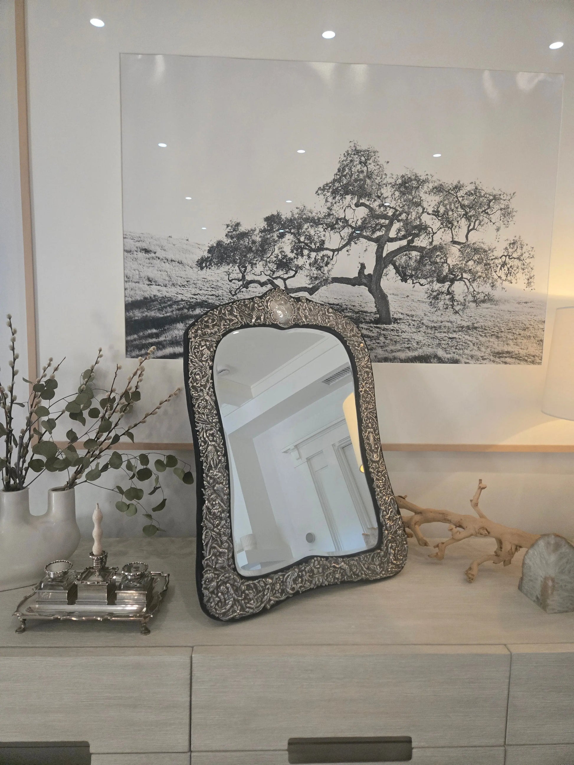 Antique repousse silver large dressing mirror Home Crush
