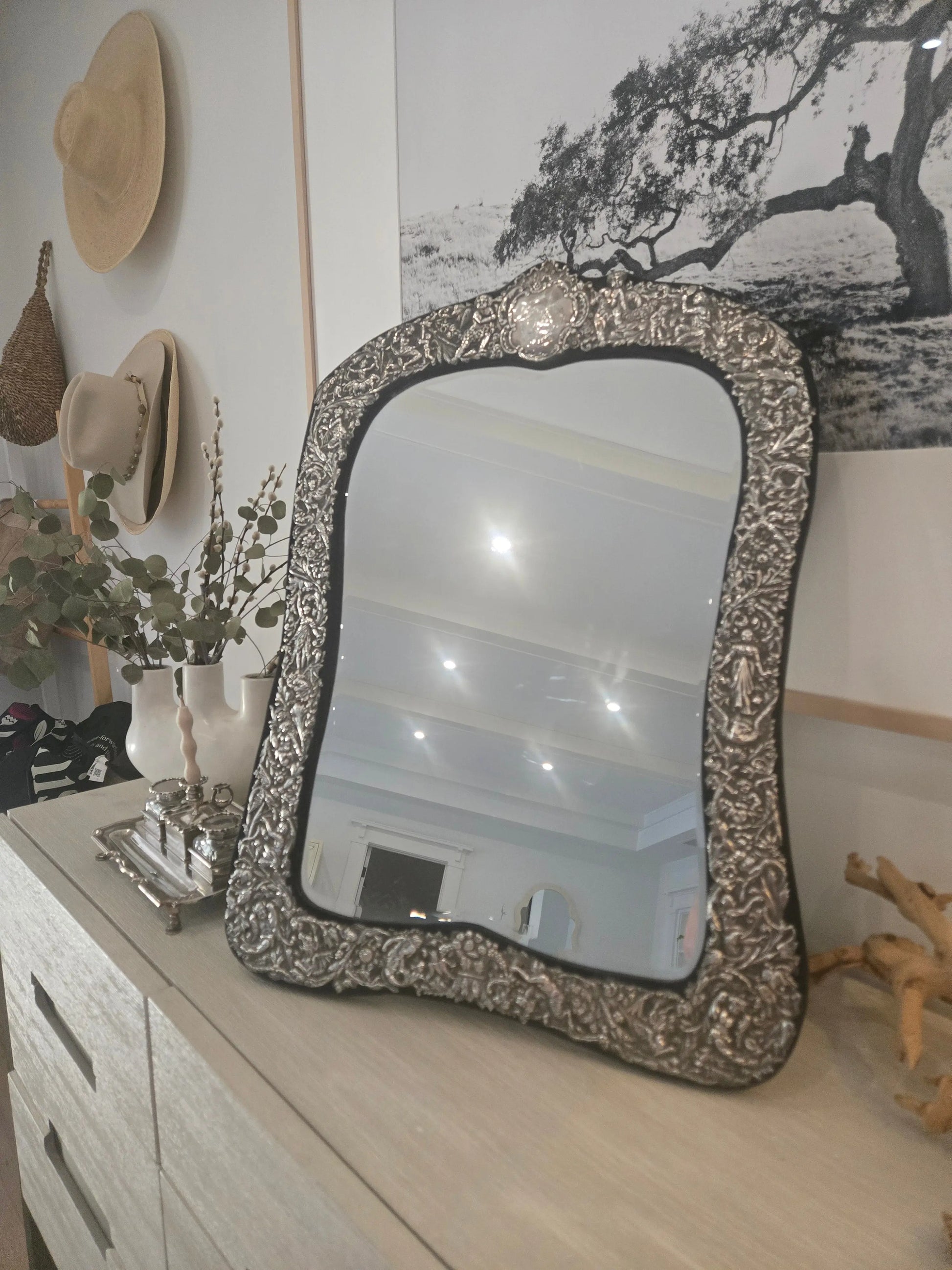 Antique repousse silver large dressing mirror Home Crush