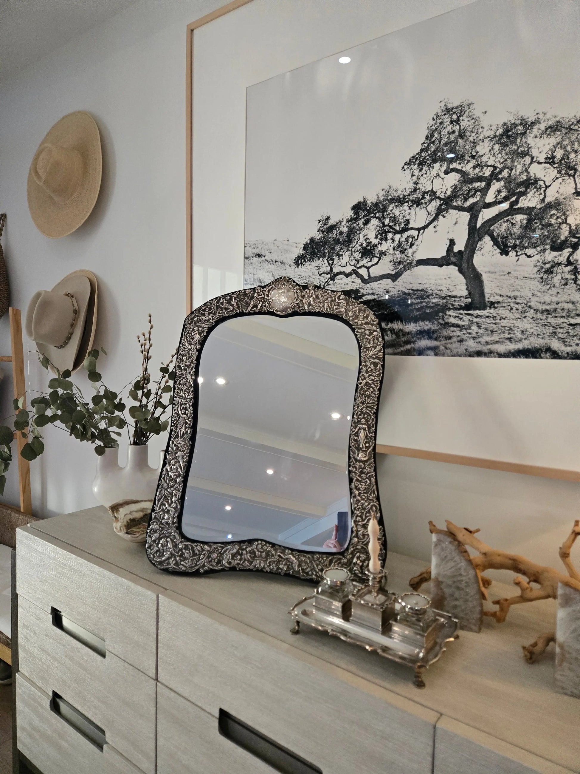 Antique repousse silver large dressing mirror Home Crush