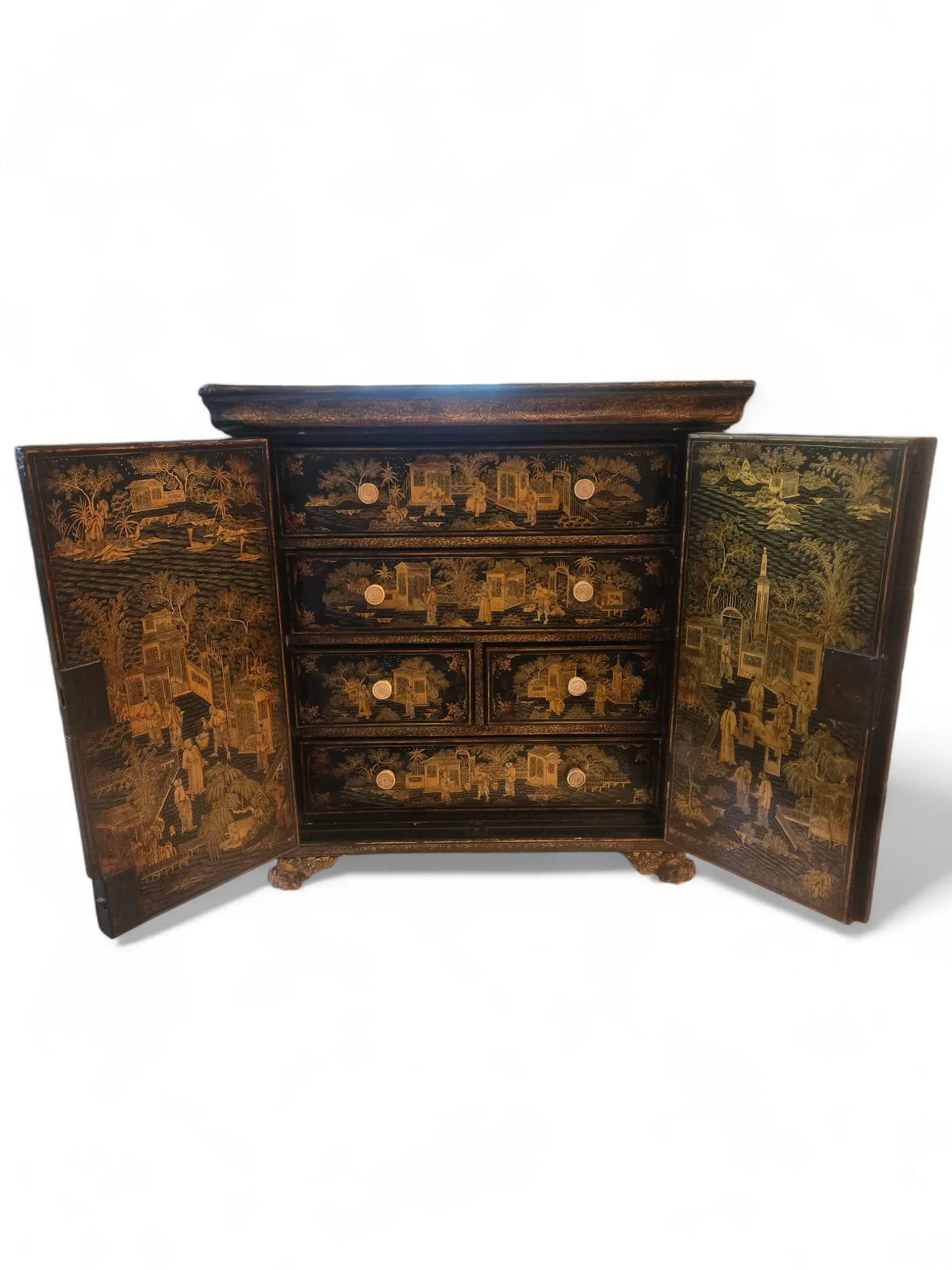 Antique Chinese Export Black + Gold Lacquer Table Cabinet Home Crush