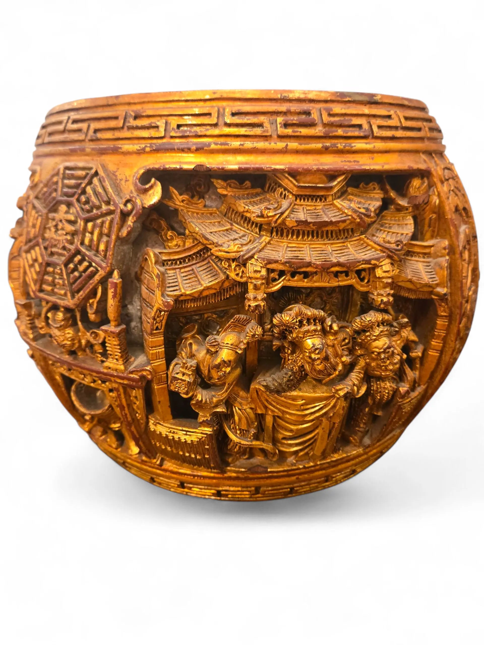 Antique Chinese Gilt Wood Carved Temple Bowl Home Crush