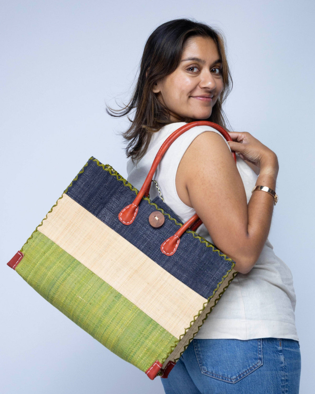 Zafran 3 Tone Color Block Raffia Straw Beach Bag - 3 Sizes