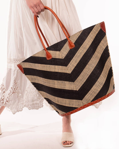Santa Cruz Wide Stripe Chevron Large Raffia Straw Tote Bag