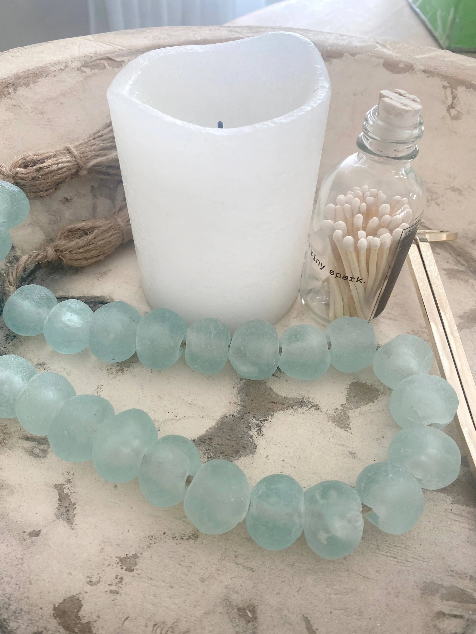 Glass Garland Aqua Blue Sea Glass: Jute Tassel Simply Styled Art