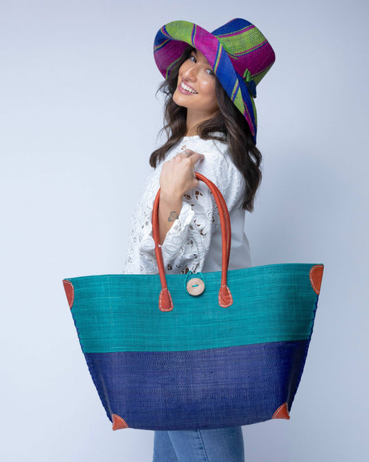Monterey Two Tone Medium Raffia Straw Tote Bag