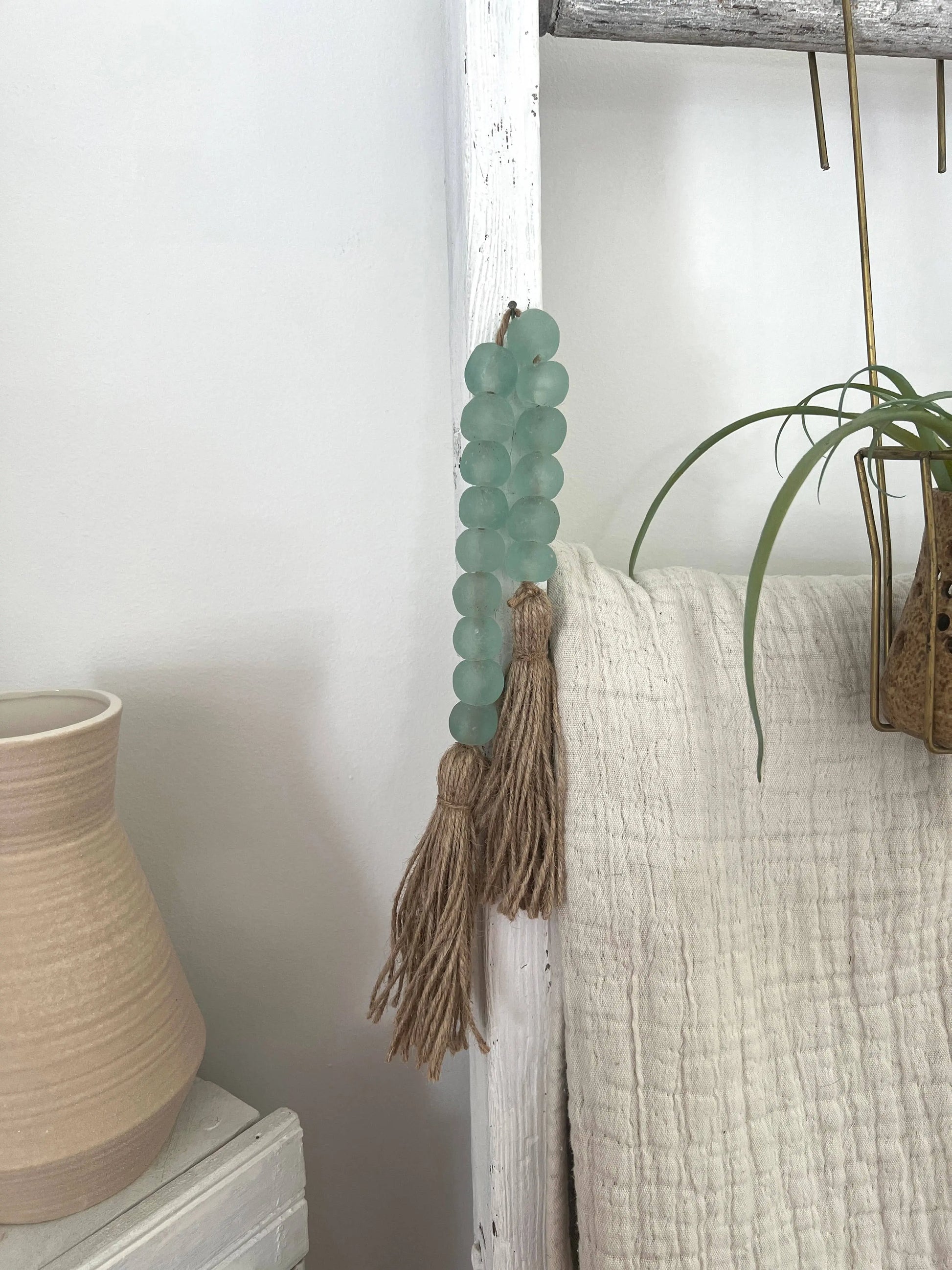 Glass Garland Aqua Blue Sea Glass: Jute Tassel Simply Styled Art