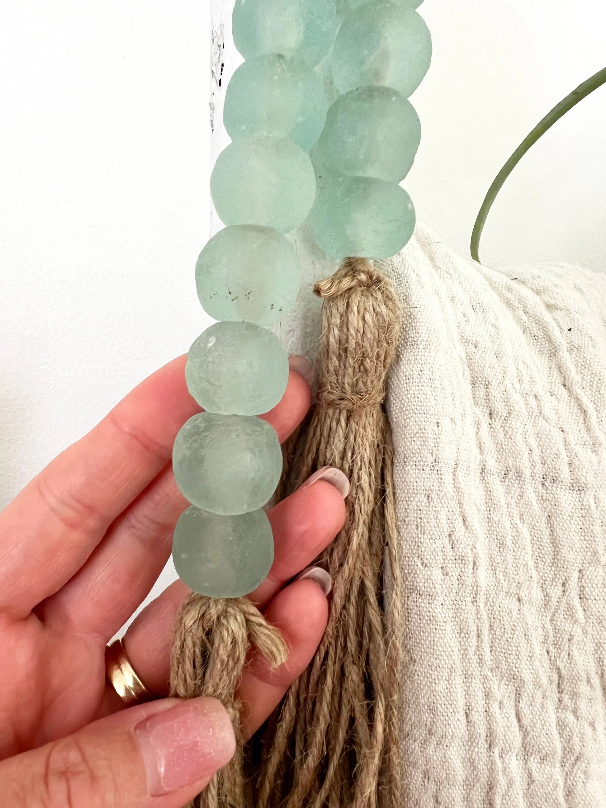Glass Garland Aqua Blue Sea Glass: Jute Tassel Simply Styled Art