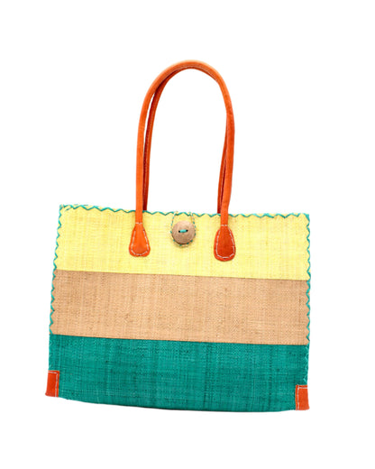 Zafran 3 Tone Color Block Raffia Straw Beach Bag - 3 Sizes