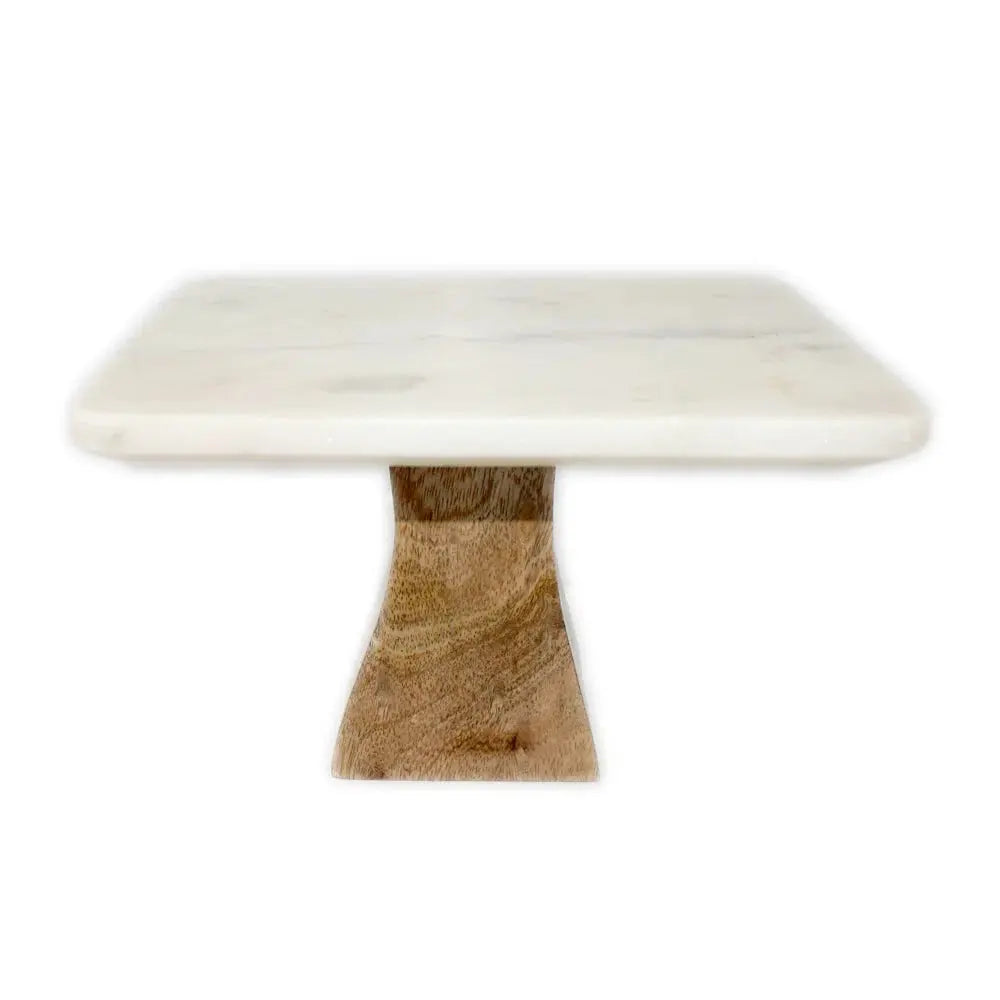 White Marble Square Medium Cake Plate with Mango Wood Base Home Crush