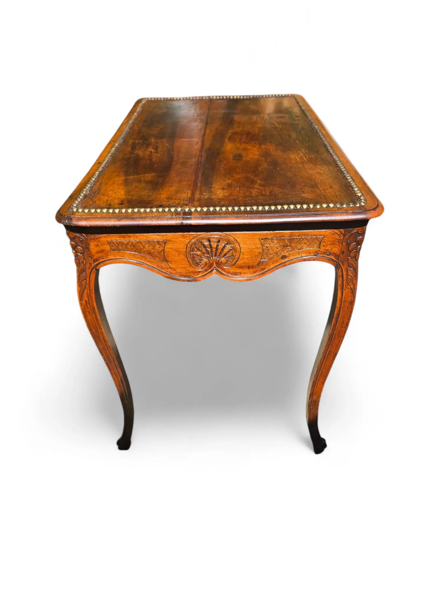 Continental Antique Walnut bureau plat table with brass nailhead inset detail Home Crush