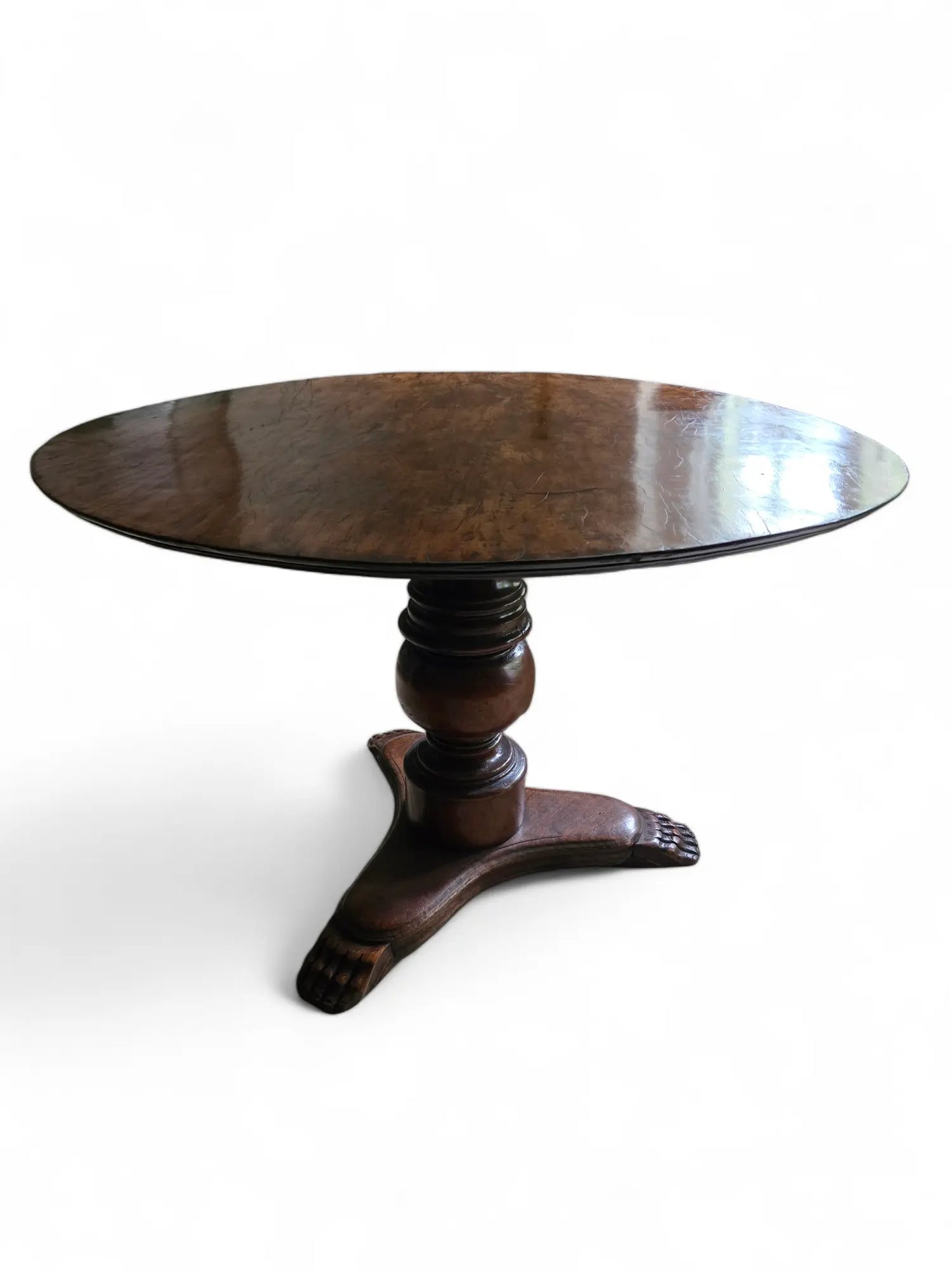 Antique Italian Round Walnut Pedestal Table with carved feet Home Crush