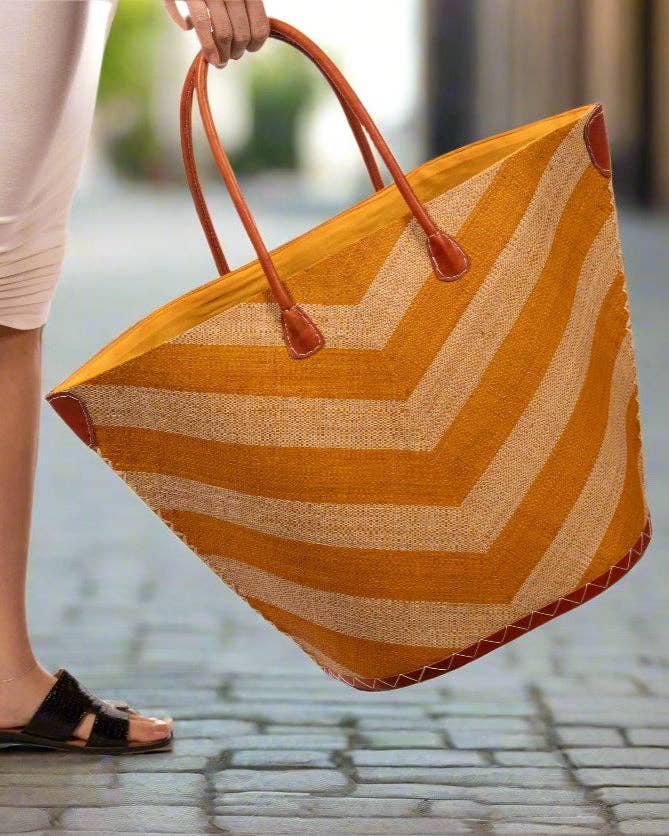 Santa Cruz Wide Stripe Chevron Large Raffia Straw Tote Bag