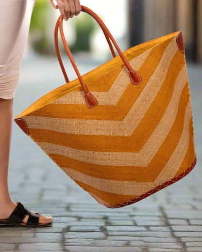 Santa Cruz Wide Stripe Chevron Large Raffia Straw Tote Bag