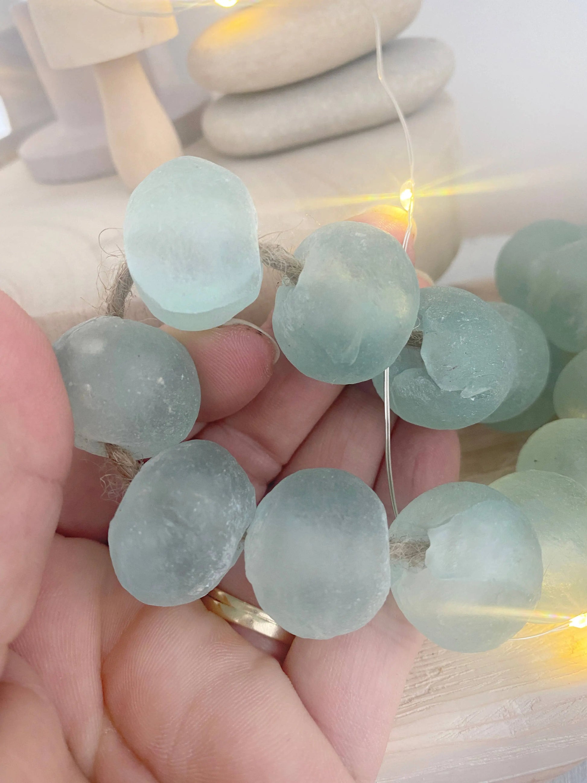 Glass Garland Aqua Blue Sea Glass: Jute Tassel Simply Styled Art