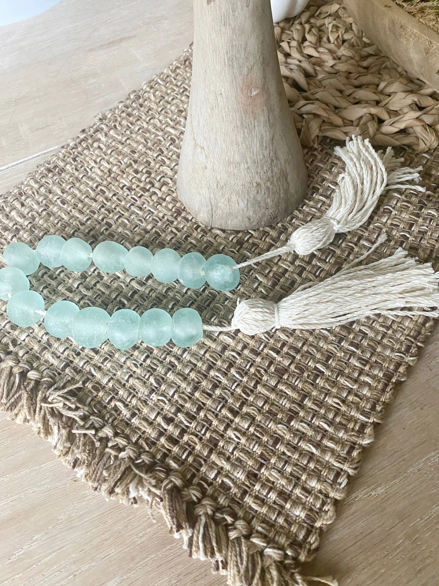 Glass Garland Aqua Blue Sea Glass: Jute Tassel Simply Styled Art