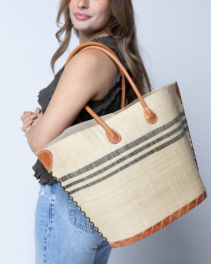 Marina Racing Stripe Small Raffia Straw Tote Bag
