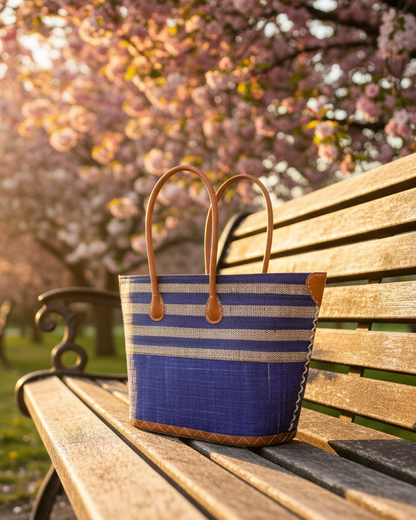 Santa Cruz Two Tone Wide Stripe Small Raffia Straw Tote Bag