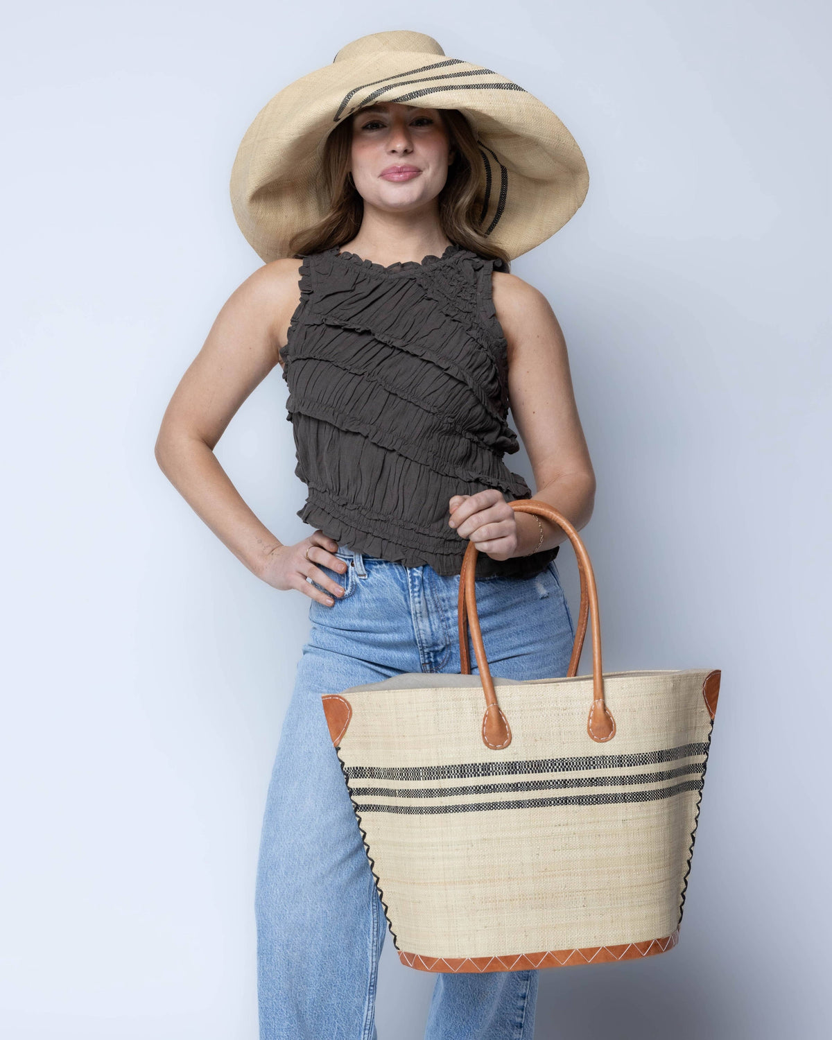 Marina Racing Stripe Small Raffia Straw Tote Bag