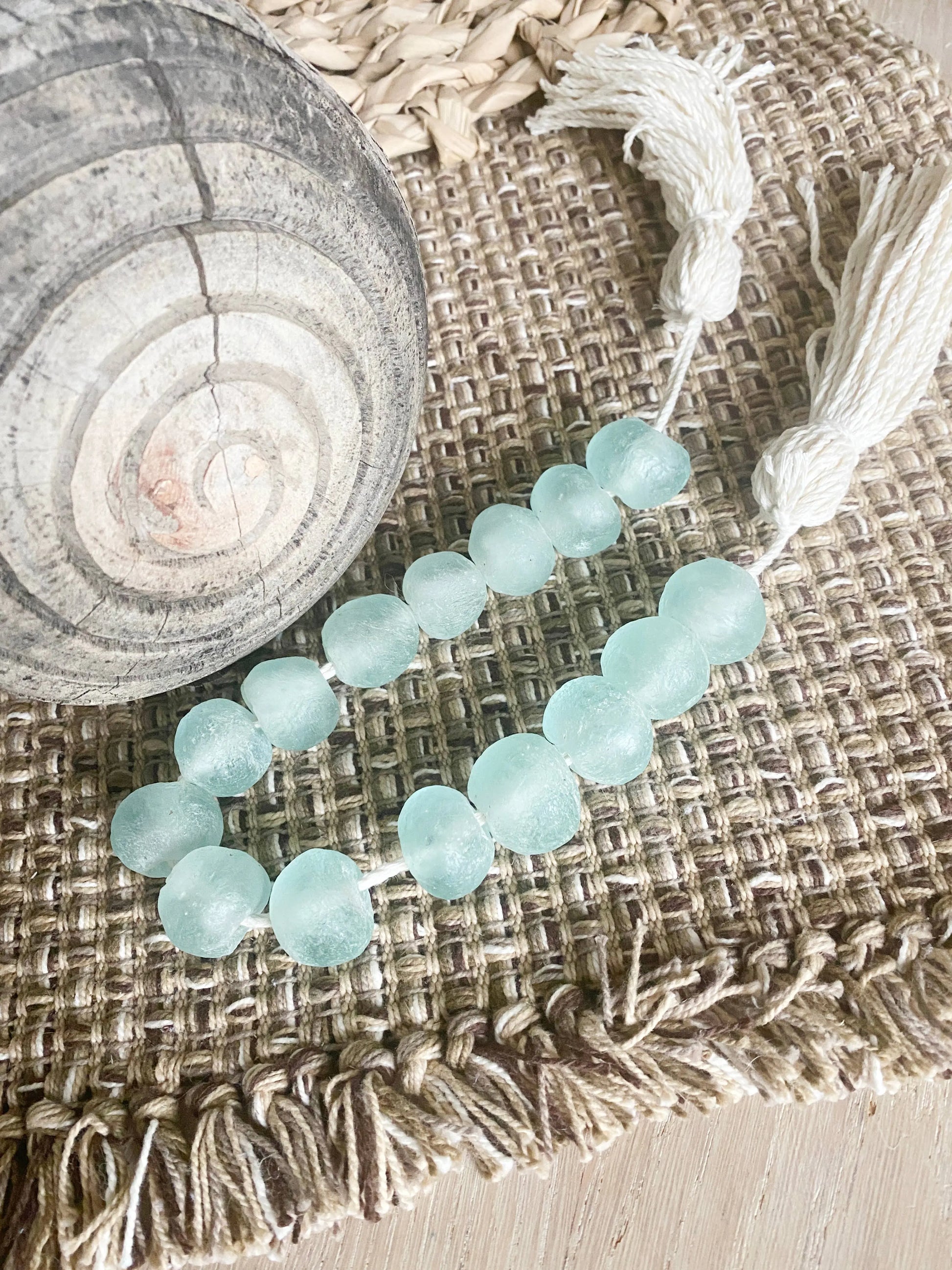 Glass Garland Aqua Blue Sea Glass: Jute Tassel Simply Styled Art