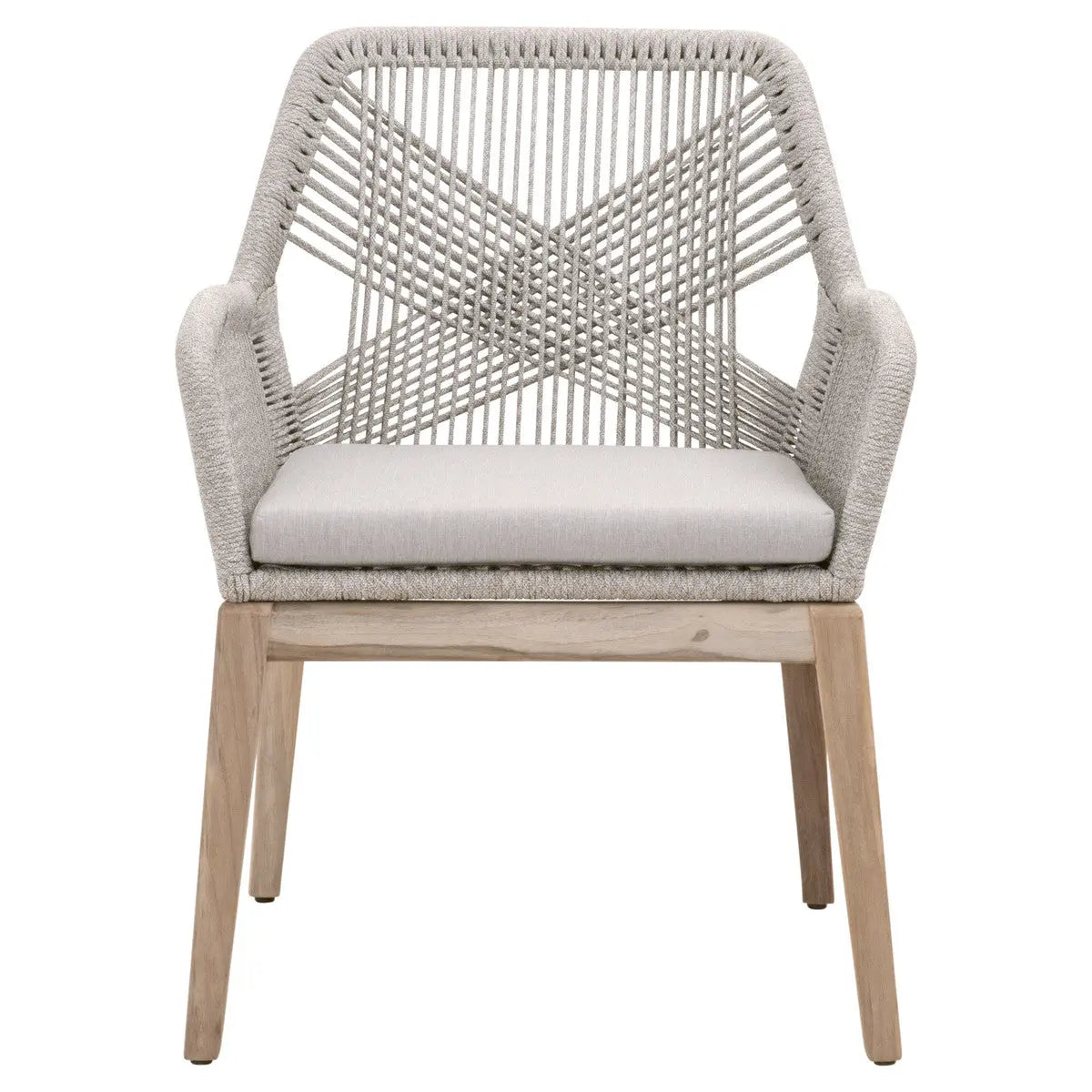 Loom Outdoor Arm Chair in Taupe & White Flat Rope, Pumice, Gray Teak Home Crush