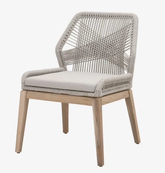 Loom Outdoor Dining Chair in Taupe & White Flat Rope, Pumice, Gray Teak Home Crush
